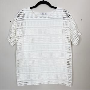 Vince Womens XSmall XS White Geo Lace Overlay Short Sleeve Top Blouse Crew Neck
